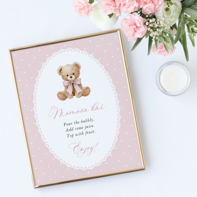 Affiche Nounours en peluche, Nœud rose, Points roses, Bar  (Créateur téléchargé)