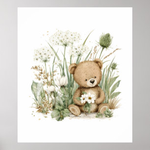 Affiche Nounours mignon à l'aquarelle avec fleurs sauvages