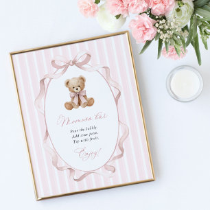 Affiche Nounours, Nœud Rose, Rayures Roses, Bar Momosa