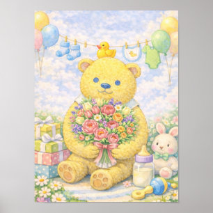 Affiche Nounours pastel avec des fleurs