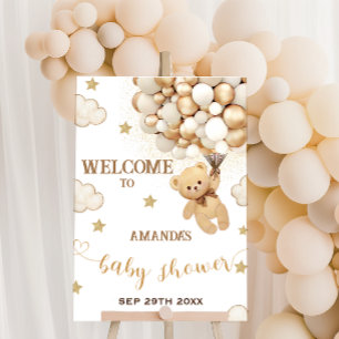 Affiche Nounours tenant des ballons dorés beige Bienvenue 