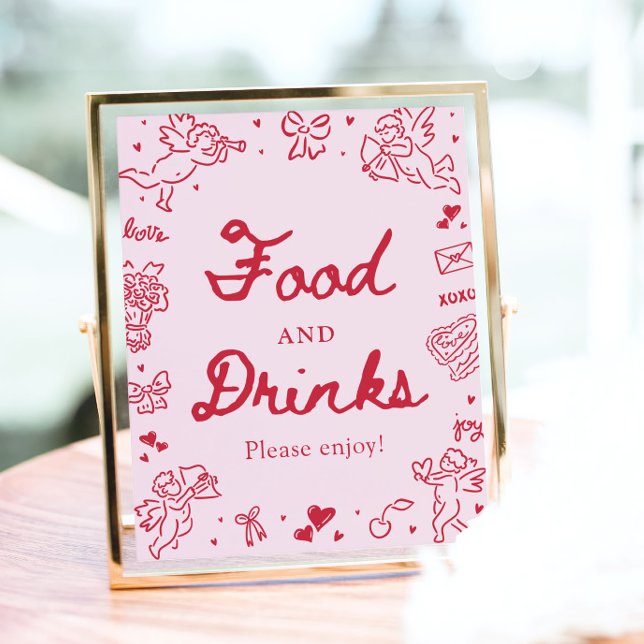 Affiche Nourriture et boissons de la Saint-Valentin modern (Pink Hand Drawn Modern Valentine Food and Drinks Sign)