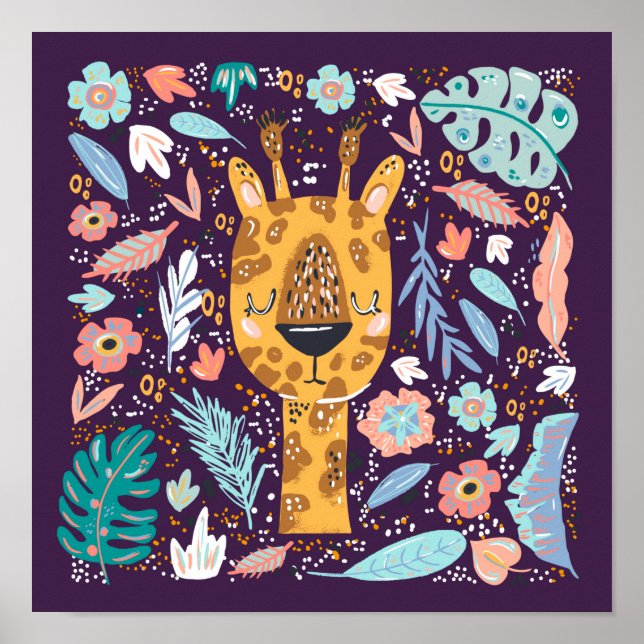 Affiche Nourriture tropicale Sleepy Giraffe en violet (Devant)
