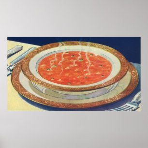 Affiche Nourriture vintage, bol chaud de soupe de tomates 