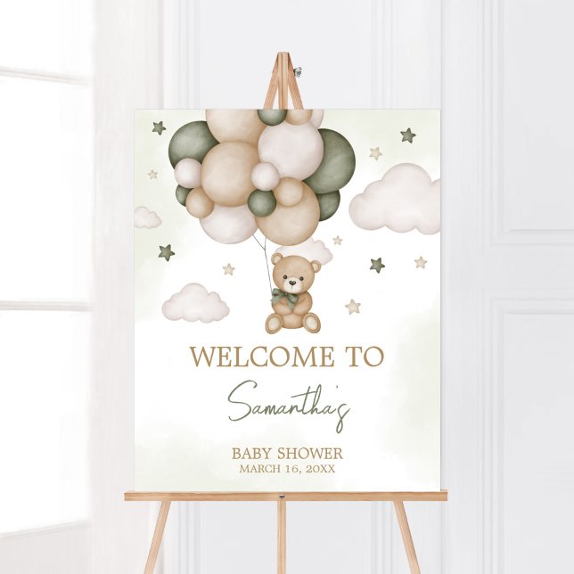 Affiche Nous pouvons attendre avant l'accueil Boho vert (Green Boho Teddy Bear Baby Shower Welcome Sign)