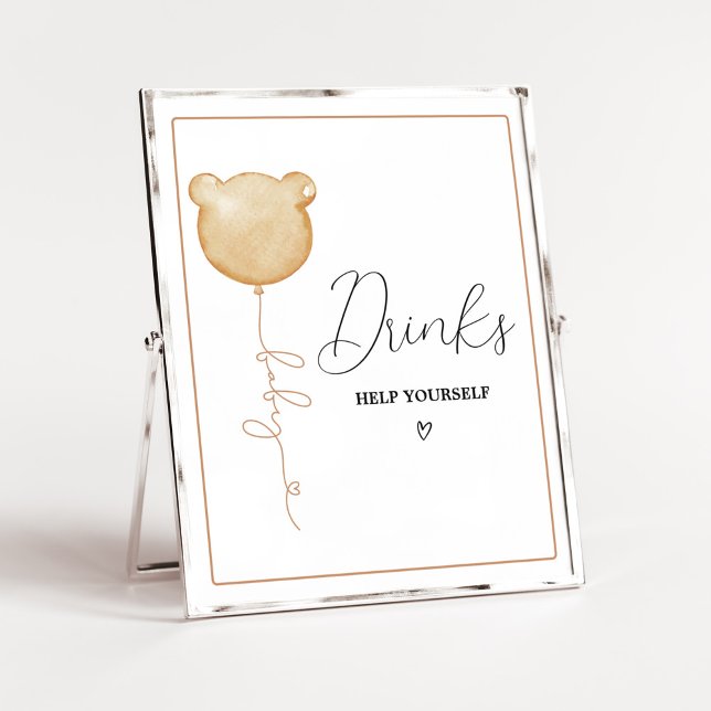 Affiche Nous Pouvons Attendre Brown Ballons Bébé Boissons (Gender Neutral Minimalist Bear Baby Shower Drinks Sign)