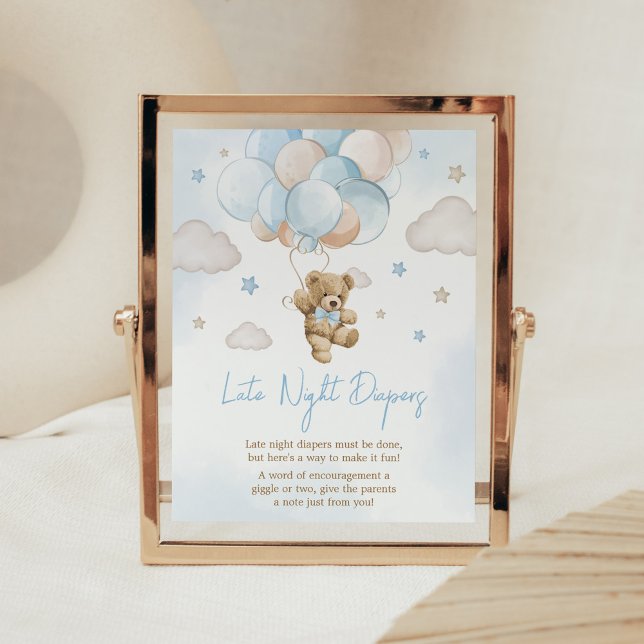Affiche Nous Pouvons Attendre L'Ours Balloon Les Diapositi (Teddy Bear Balloon Baby Shower Late Night Diapers Sign)