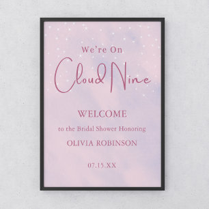 Affiche Nous sommes sur le nuage neuf rose Baby shower fil