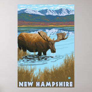 Affiche Nouveau HampshireMoose buvant dans le lac