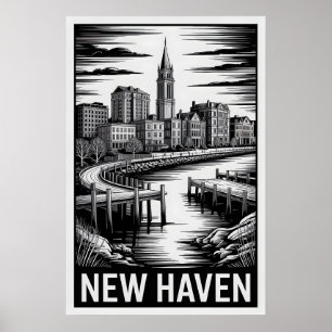 Affiche Nouveau Haven Connecticut Skyline Gravure sur Bois