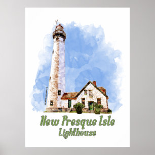 Affiche Nouveau phare de Presque Isle aquarelle - Michigan