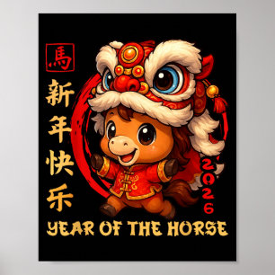 Affiche Nouvel An chinois 2026 Année du Cheval Drôle Happ