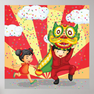 Affiche Nouvel An Chinois Danse du Lion et Lanterne pour E