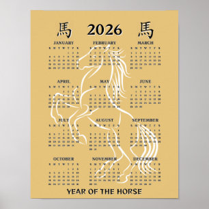 Affiche Nouvel An chinois du Cheval 2026 Calendrier