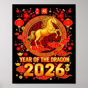 Affiche Nouvel An Chinois Golden Horse 2026 Dragon Zodiaqu