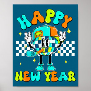 Affiche Nouvelle année à carreaux 2026 Boule disco Nouvel 
