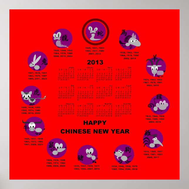 Affiche Nouvelle Année Chinoise 2013 Calendrier Fond Rouge (Devant)
