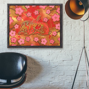 Affiche Nouvelle année chinoise Lapin Rouge Cerisier Or