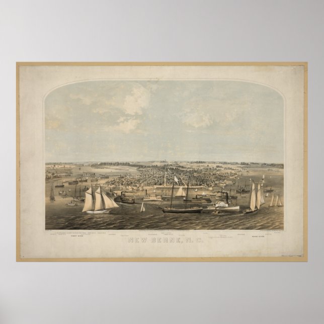 Affiche Nouvelle Berne Caroline du Nord 1864 Carte panoram (Devant)
