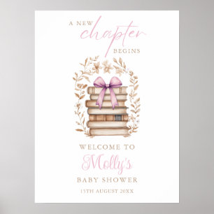 Affiche Nouvelle histoire livre rose Bienvenue Baby Shower