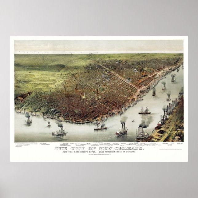 Affiche Nouvelle-Orléans, LA Carte panoramique - 1885 (Devant)
