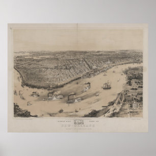 Affiche Nouvelle-Orléans Louisana 1851 Antique carte panor