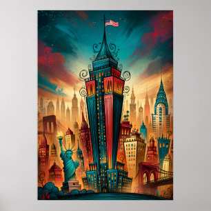Affiche Nouvelle York Manhattan Paysage Urbain Fantaisiste