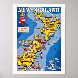 Affiche Nouvelle-Zélande illustrée de manière colorée