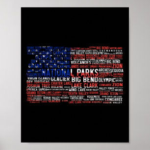 Affiche Nuage de mots Liste des parcs nationaux Usa Drapea