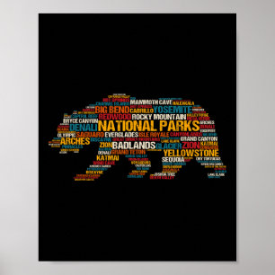 Affiche Nuage de mots Liste des parcs nationaux Usa Ours C