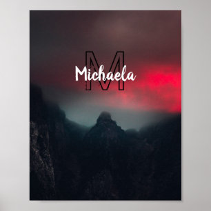 Affiche Nuages enflammés, brouillard et monogramme de mont