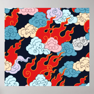 Affiche Nuages, flammes : Motif Vintage noir.