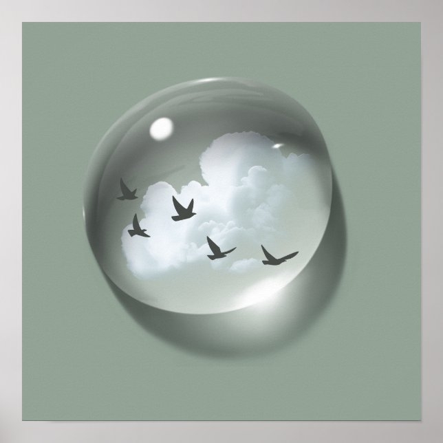 Affiche Nuages & Oiseaux Goutte d'Eau Vert Minimal (Devant)