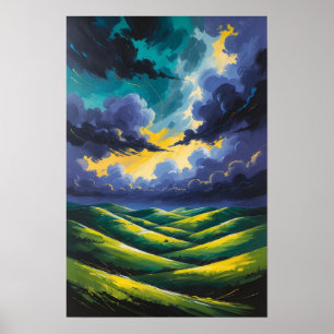 Affiche Nuages orageux dramatiques sur des collines vertes