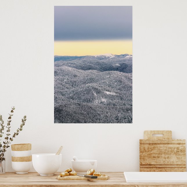 Affiche Nuages sombres ciel ensoleillé et forêt enneigée e (Cuisine)