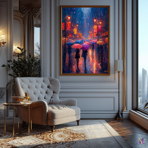 Affiche Nuit citadine pluvieuse avec parapluies dans l'imp