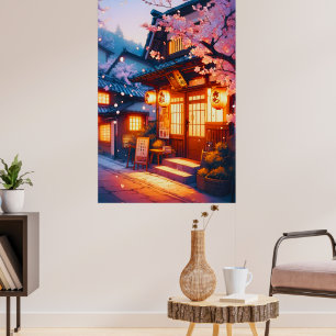 Affiche Nuit de floraison de cerisier dans le vieux Japon