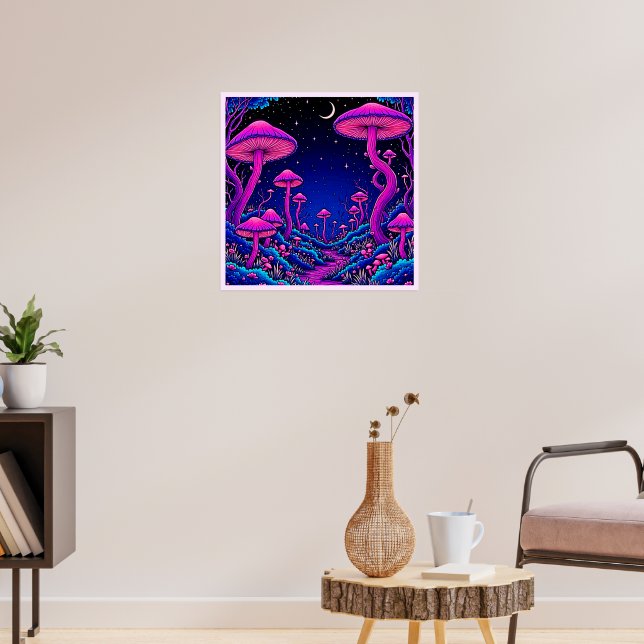 Affiche Nuit de forêt de champignons psychédélique (Salon 3)