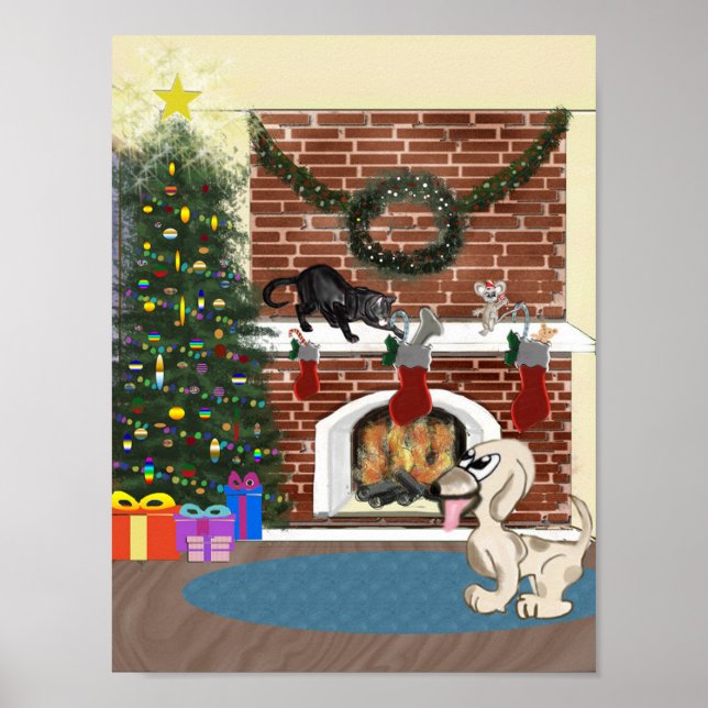Affiche Nuit drôle avant Noël Chien Chat Illustration (Devant)