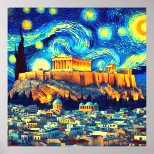 Affiche Nuit étoilée Acropole Athènes Grèce