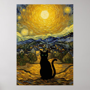 Affiche Nuit étoilée Chat Inspiré de Van Gogh Ciel étoilé