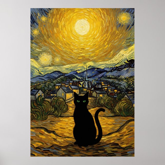 Affiche Nuit étoilée Chat Inspiré de Van Gogh Ciel étoilé (Devant)
