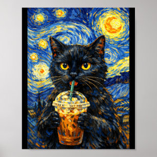Affiche Nuit étoilée chat noir café style van gogh drôle
