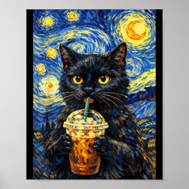 Affiche Nuit étoilée chat noir café style van gogh drôle (Devant)