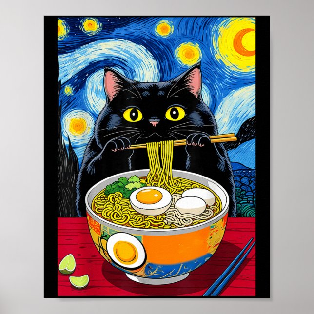 Affiche Nuit étoilée Noir Graisse Chat Ramen Funny Noir Gr (Devant)