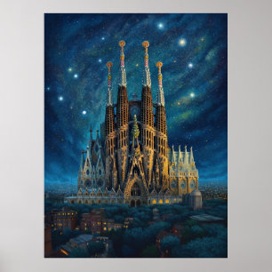 Affiche Nuit étoilée sur Sagrada Familia Barcelona
