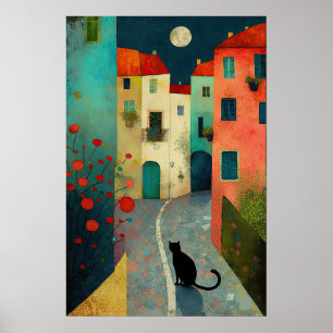 Affiche Nuit Lune Colorée : Charmant Chat et Maisons