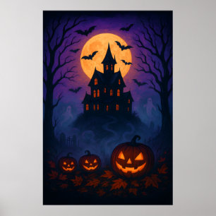 Affiche Nuit vintage d'Halloween avec Pleine lune et chauv