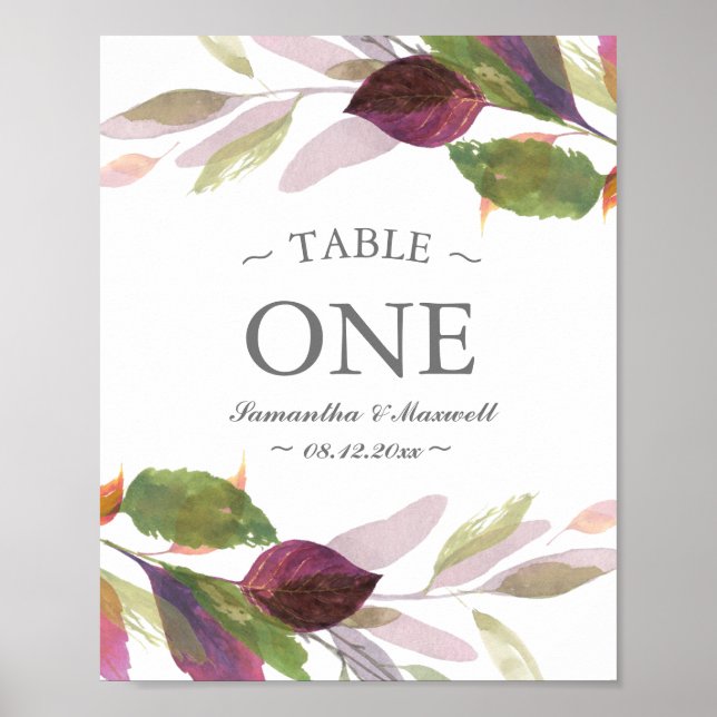 Affiche Numéro de Table Aquarelle Feuilles de Foliage d'Au (Devant)