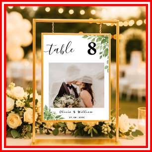 Affiche Numéro de table de mariage aux feuilles vert sauge
